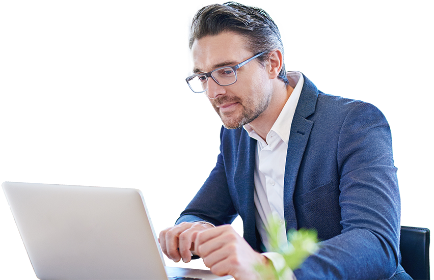 1-6-3-5-1EmployerPlans Man in glasses looking at laptop computer